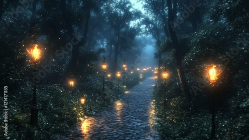 Foggy forest with glowing lights along cobblestone path seamless looping 4k time-lapse animation video background