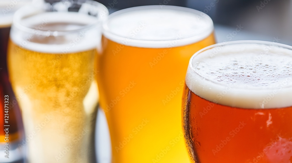 Assorted Glasses of Craft Beer with Golden and Amber Hues on Bar Counter : Generative AI Assorted Glasses of Craft Beer with Golden and Amber Hues on Bar Counter : Generative AI