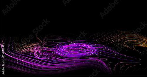Abstract winding lines of different colors on a black background. Vector illustration in concept technology, science, music, modernity.