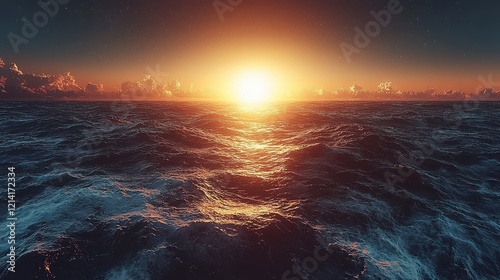 Dramatic ocean sunset with dark waves and bright sun. photo