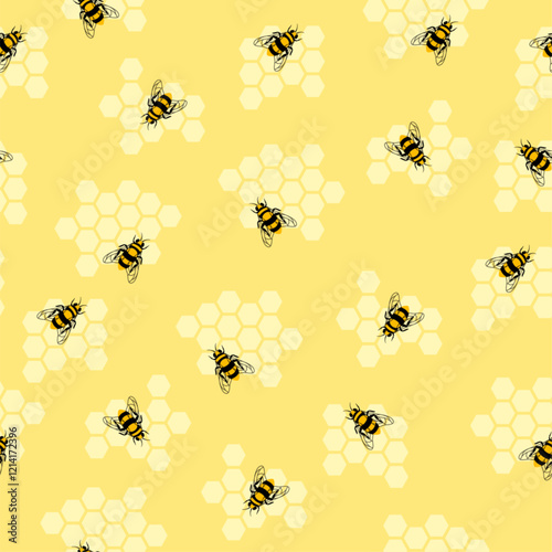 Cute honey bee seamless pattern. Vector bees and honeycomb texture on yellow background. Sweet summer print, trendy abstract minimal design for wrapping paper, fashion, fabric, textile, wallpaper.