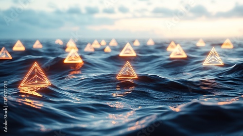 A smooth sea of interconnected glowing triangles floating mid-air as waves rise and fall reflecting corporate analytics