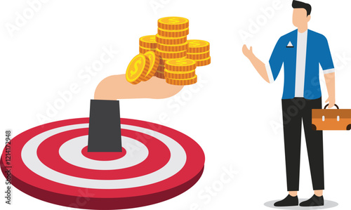 Get rewards and allowances for accomplishing goals or tasks, motivate or reward employees for their efforts to get the job done, bullseye outstretched hands give gold coins to merchants as rewards