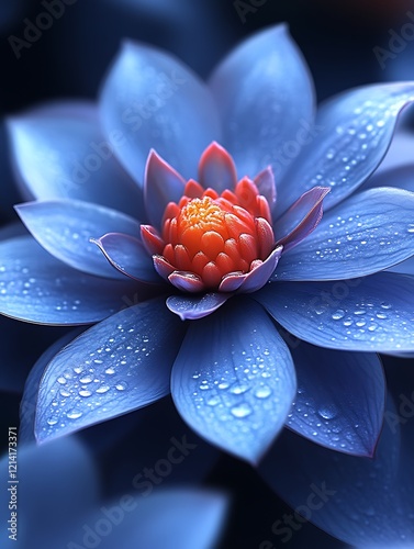 Dew-kissed blue flower with orange center.