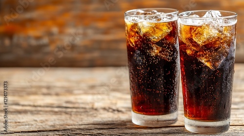 Two Tall Glasses of Fizzy Cola with Ice Cubes on Rustic Wooden Table : Generative AI