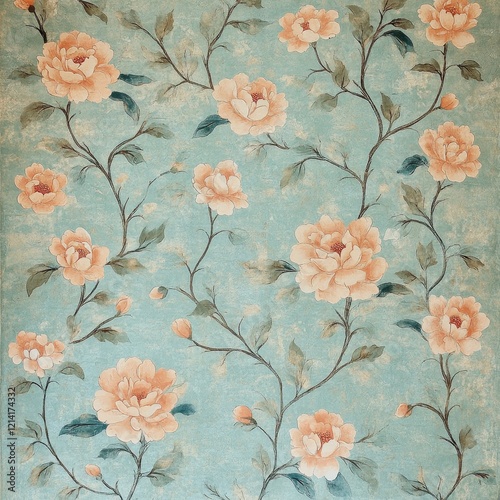 A closeup of floral wallpaper with flowers on a blue background