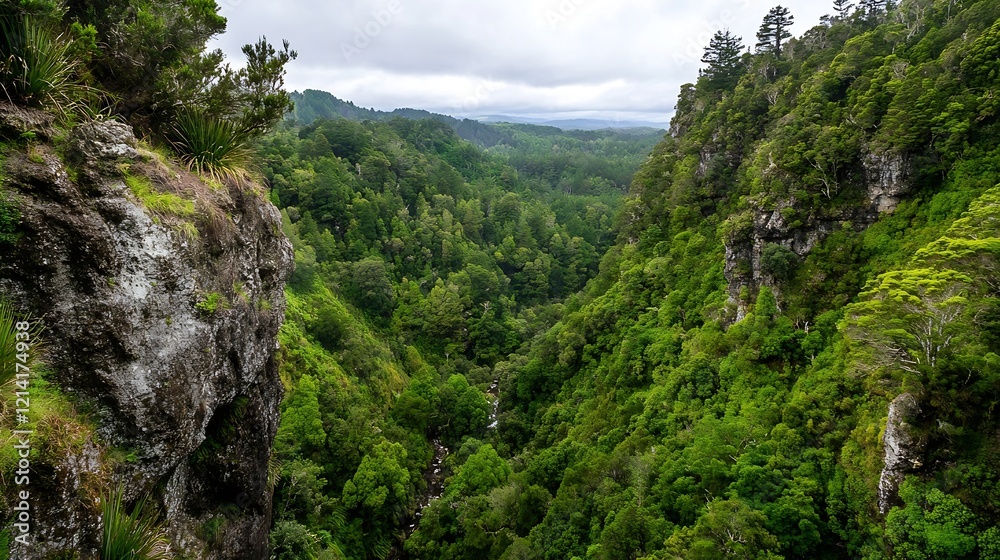 Stunning gorge landscape with vibrant green forests under cloudy skies : Generative AI Stunning gorge landscape with vibrant green forests under cloudy skies : Generative AI