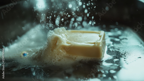 Close-up of butter melting on a pan amidst bubbling liquids