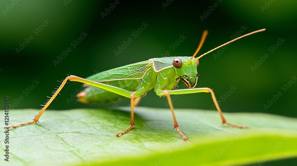 Macro photography of green grasshopper on leaf in lush natural surroundings : Generative AI Macro photography of green grasshopper on leaf in lush natural surroundings : Generative AI