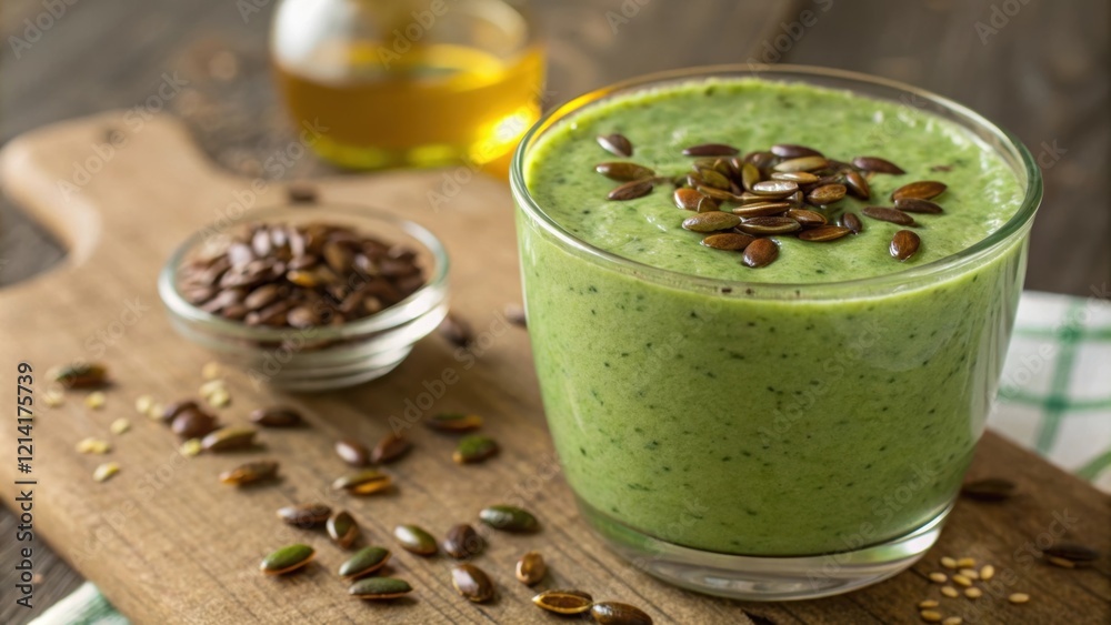 A close look at the emeraldgreen smoothie reveals tiny fibers from blended fruits dancing alongside the smooth texture. Flaxseeds create a rustic charm on the surface while A close look at the emeraldgreen smoothie reveals tiny fibers from blended fruits dancing alongside the smooth texture. Flaxseeds create a rustic charm on the surface while