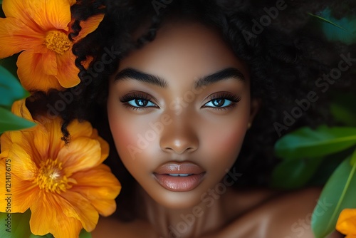 Close-up portrait of a young Black woman with flowers.