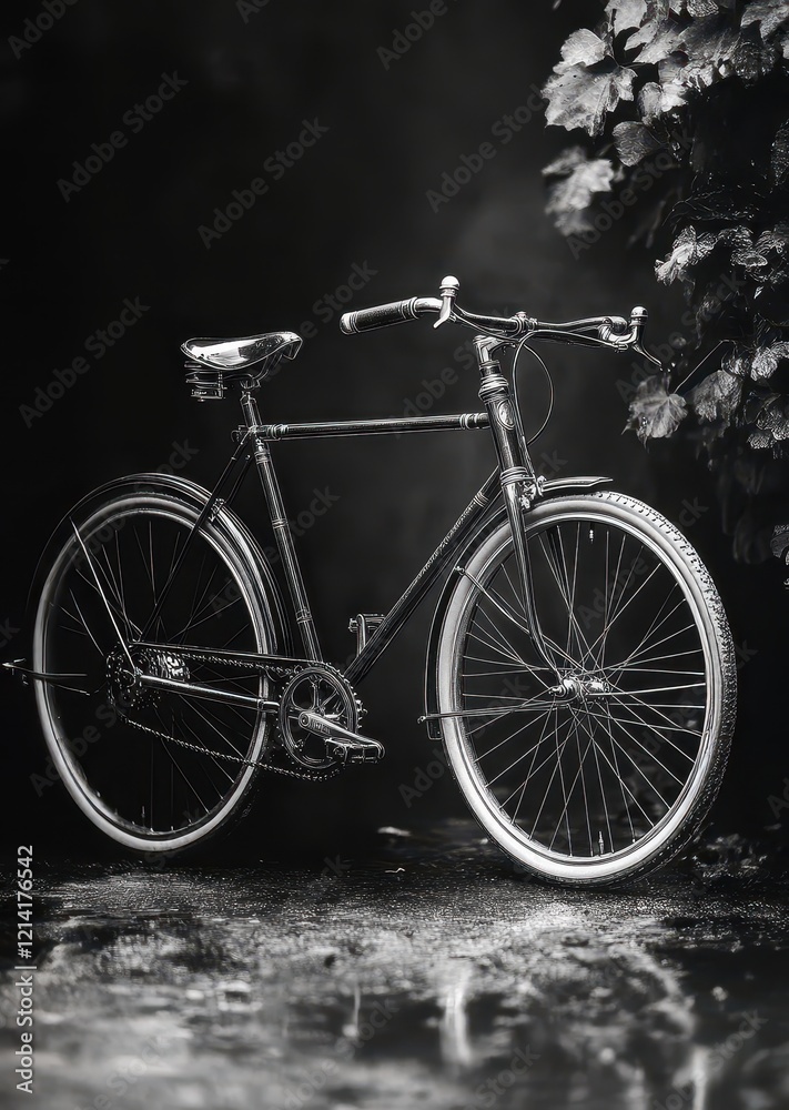 Abstract Black and White concept. A classic bicycle stands elegantly against a dark backdrop, showcasing its timeless design. Abstract Black and White concept. A classic bicycle stands elegantly against a dark backdrop, showcasing its timeless design.