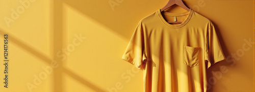 3D T-Shirt Mockup with Pocket on yellow background