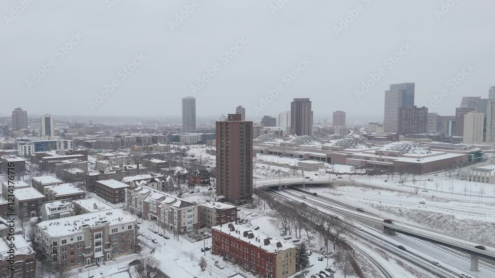 Aerial view of Minneapolis showcasing a mix of high-rise buildings, residential neighborhoods and snow-covered streets in winter Aerial view of Minneapolis showcasing a mix of high-rise buildings, residential neighborhoods and snow-covered streets in winter