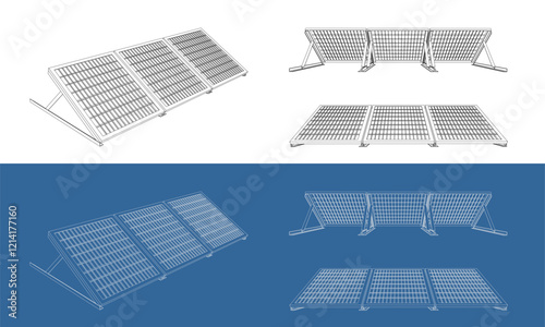 Isometric Technical Line Drawing of Solar Panel Array with Mounting Structure. Blueprint technical drawing isolated on transparent background