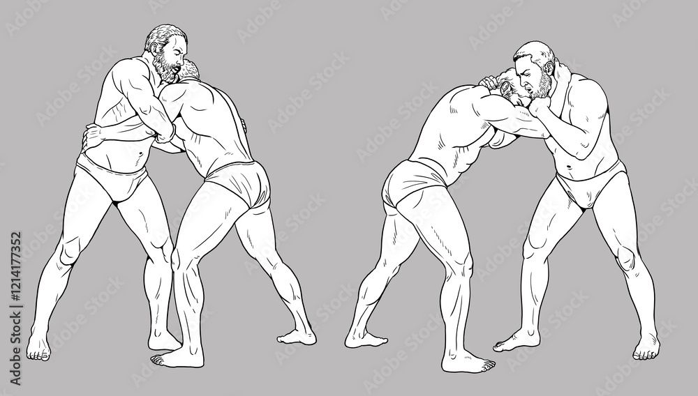 Drawing with ancient wrestlers. Athletes at the Olympic Games. Strong men in single combat. Drawing with ancient wrestlers. Athletes at the Olympic Games. Strong men in single combat.