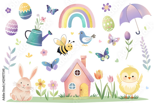 Set of cute watercolor spring elements. Spring holidays, Easter. Collection of childlike stickers in pastel colors.