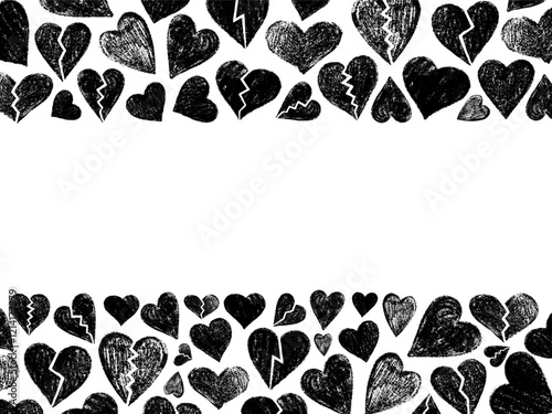 Black crayon hearts border on white background, hand drawn illustration