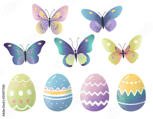 Easter eggs and colorful butterflies. Hand drawn spring elements with a delicate texture.