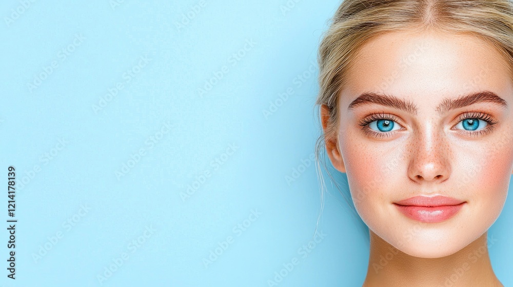 Naklejka premium Woman, blonde, blue eyes, skincare, beauty, pastel background, advertising