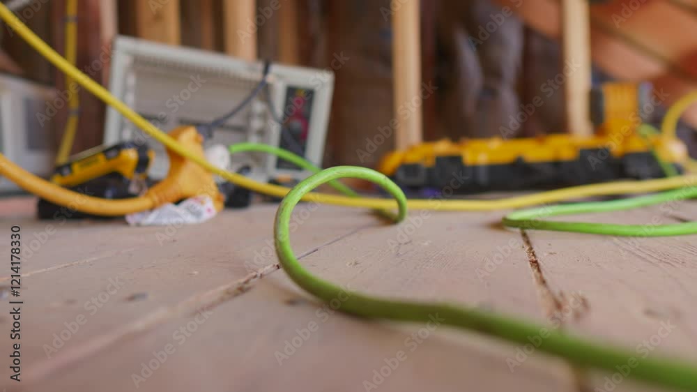 A bokeh shot of an electrical cord extension is captured with a blurred background of a construction site. A bokeh shot of an electrical cord extension is captured with a blurred background of a construction site.