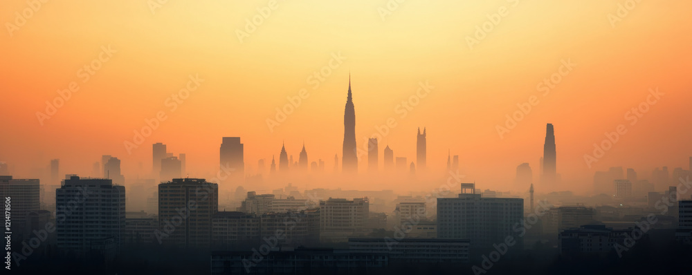 The PM 2.5 Pollution Crisis Themed, skyline of Bangkok shrouded in thick smog during sunset, creating dramatic atmosphere The PM 2.5 Pollution Crisis Themed, skyline of Bangkok shrouded in thick smog during sunset, creating dramatic atmosphere