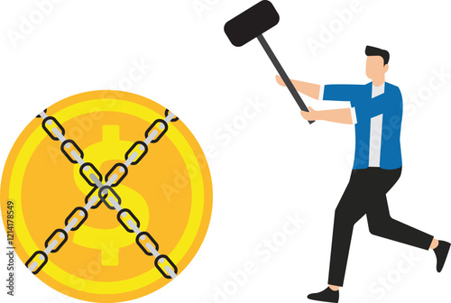 Violent unlocking, breaking free, solving business problems or business shackles, monetary or wealth freedom, businessman with a sword trying to split the shackles that hold the dollar