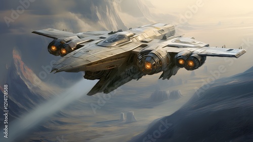 Futuristic Spaceship Flying Over an Alien Landscape – Sci-Fi Concept Art