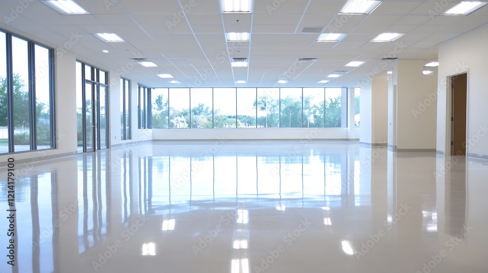 Fototapeta premium Spacious Empty Office with Large Windows and Natural Light Reflection : Generative AI