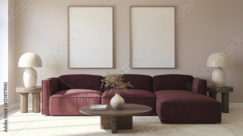 2 Wandposter-Mockup im Wohnzimmer. Innenraum-Mockup mit Haus-Hintergrund. Modernes Innendesign. 3D-Render. photo