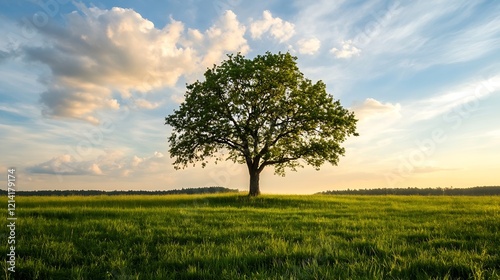 Lone Tree in Lush Green Field Beneath Expansive Blue Sky and Fluffy Clouds : Generative AI