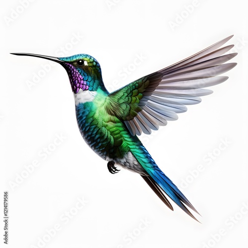 Vibrant Hummingbird in Flight with Iridescent Plumage white bg