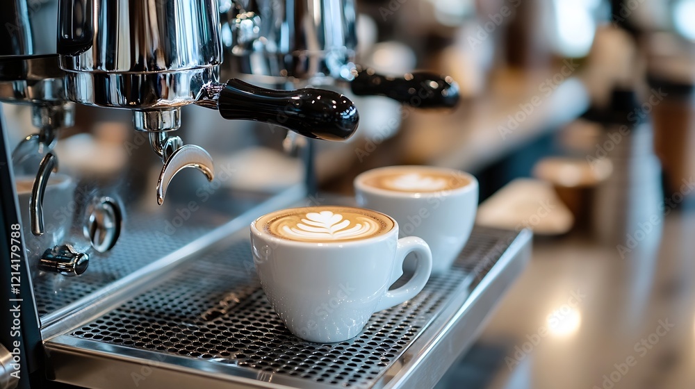Latte Art in Ceramic Cups on Espresso Machine in Trendy Coffee Shop Setting : Generative AI Latte Art in Ceramic Cups on Espresso Machine in Trendy Coffee Shop Setting : Generative AI