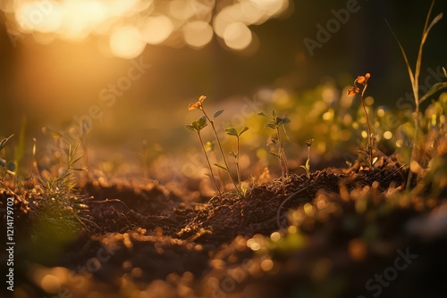 delicate seedlings reaching skyward through rich soil, golden morning light creating ethereal atmosphere, shallow depth of field with bokeh photo