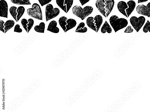 Black chalk drawn broken hearts border on white background with space