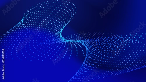 Animated Blue dots form swirling waves on dark blue background.