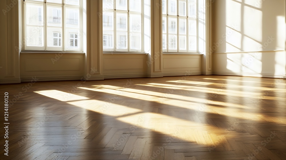 Spacious sunlit empty room with wooden parquet floor and large bright windows : Generative AI Spacious sunlit empty room with wooden parquet floor and large bright windows : Generative AI