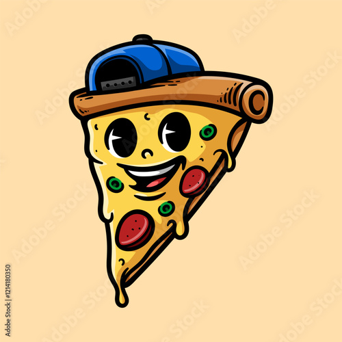fun swag pizza with cap hat cartoon colored isolated drawing line art style sketch classic vintage design illustration