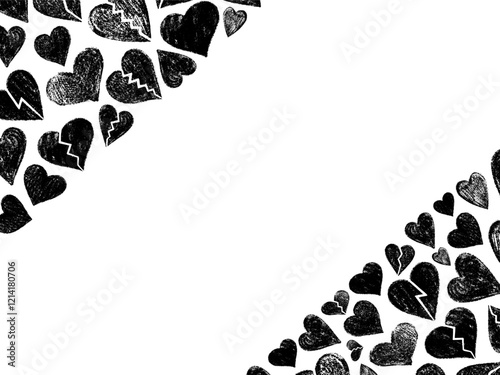 Hand-drawn black broken hearts pattern with empty white space