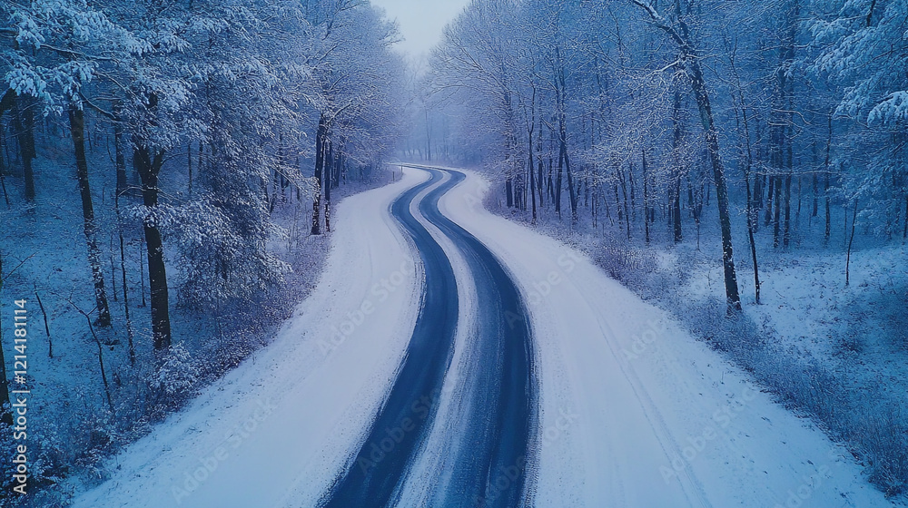 Fototapeta premium Snow-covered winding road through a tranquil winter forest landscape