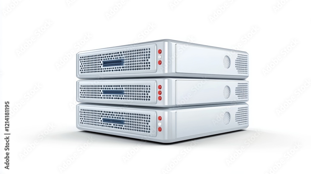 Fototapeta premium Illuminated servers, three white servers with red and blue lights in a data center