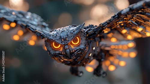 Robotic owl flying, forest background, futuristic design, tech concept