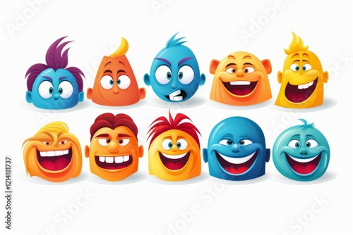 Wallpaper Mural Ten colorful cartoon heads are showing different expressions and emotions, from happy to angry, on a white background Torontodigital.ca