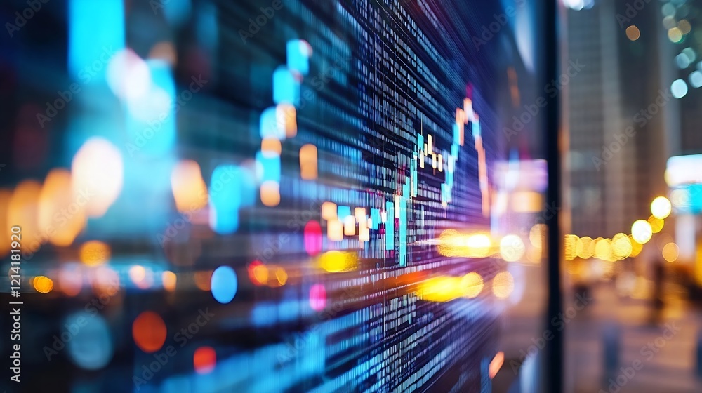 Abstract Digital Financial Data and Graphs in Bright City Showing Dynamic Stock Market Trends : Generative AI Abstract Digital Financial Data and Graphs in Bright City Showing Dynamic Stock Market Trends : Generative AI