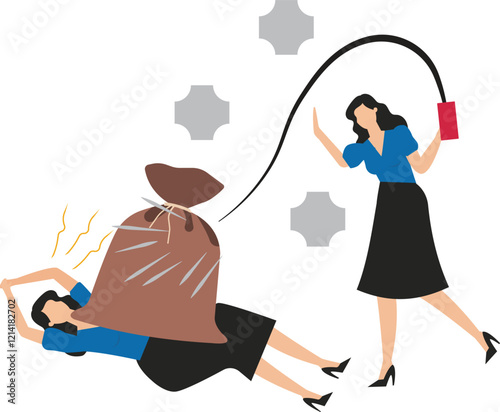 Slavery, working like a slave for the boss, exhaustion and overload of work pressure, domineering boss with a whip to beat the employees who work