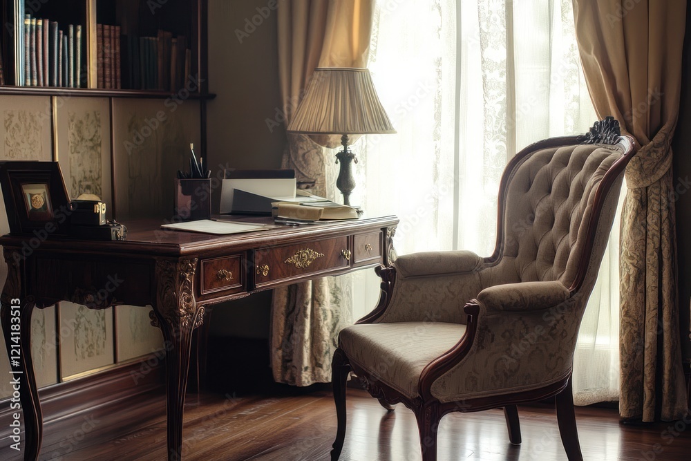 Fototapeta premium Elegant study; antique desk, chair, sunlit window, bookshelves