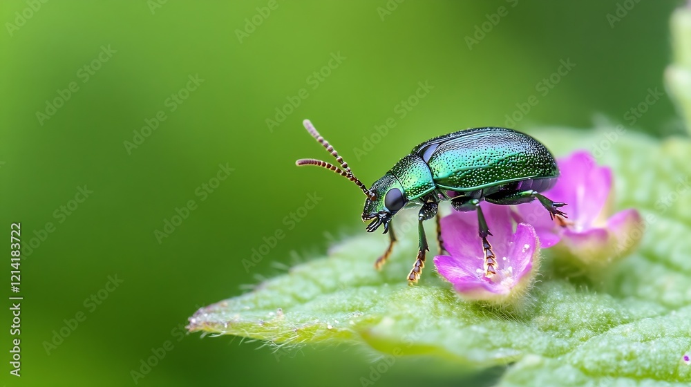 Shiny Green Beetle Perched on Flowering Leaf in Nature Macro Photography : Generative AI Shiny Green Beetle Perched on Flowering Leaf in Nature Macro Photography : Generative AI