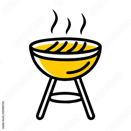 a barbecue grill shows steam rising from the top, the grill is supported by three legs and features a yellow bowl.
