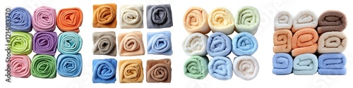 Eco Cleaning Products collection. Colorful rolled towels arranged in neat squares, showcasing a variety of textures and shades for an organized bathroom display.