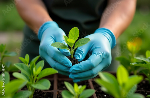 A woman wearing blue rubber gloves holds a green sprout with soil.